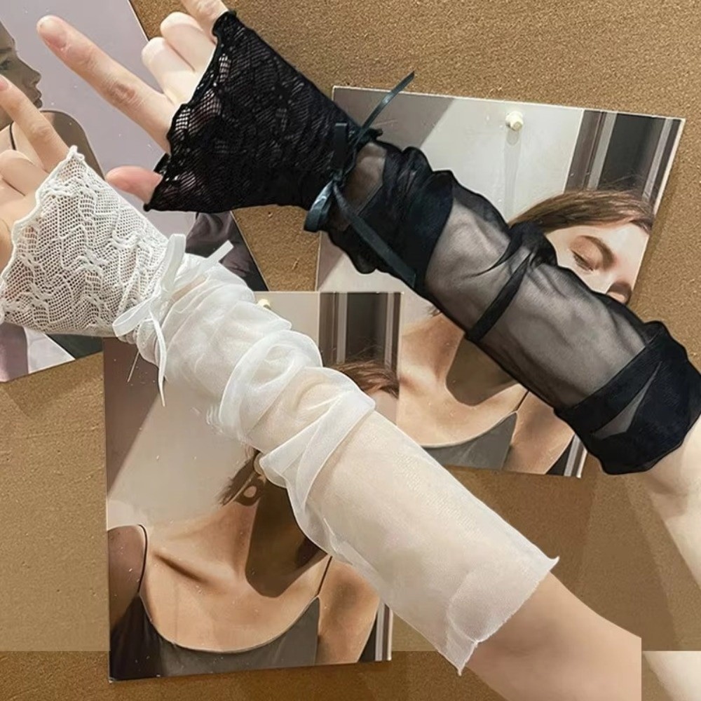Fingerless Glove Knit - Y2K Lace Ruffle Mesh Gloves Sheer